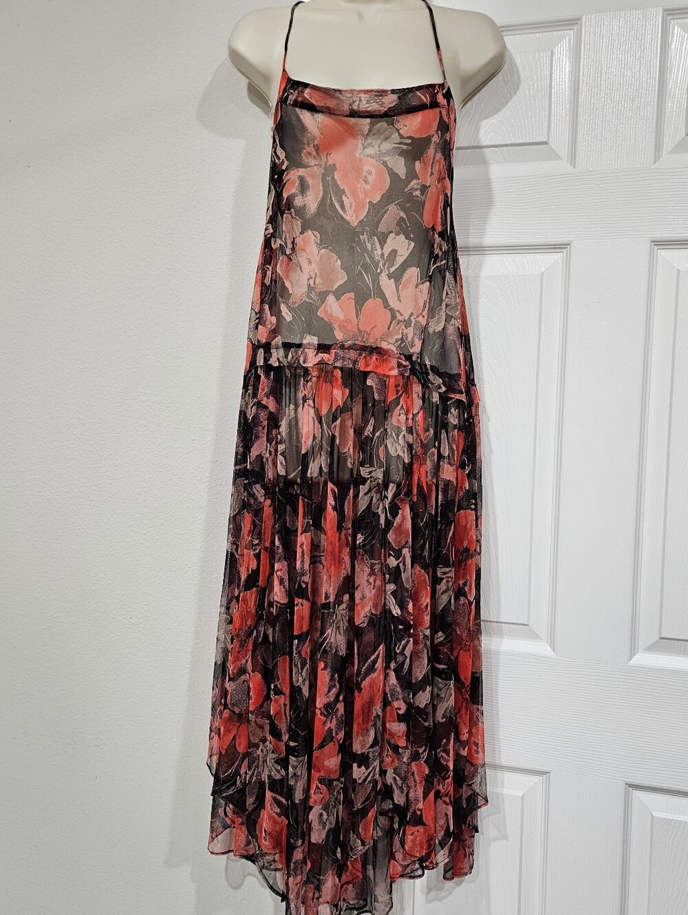 Free People Black Mesh Slip with Red Floral Print